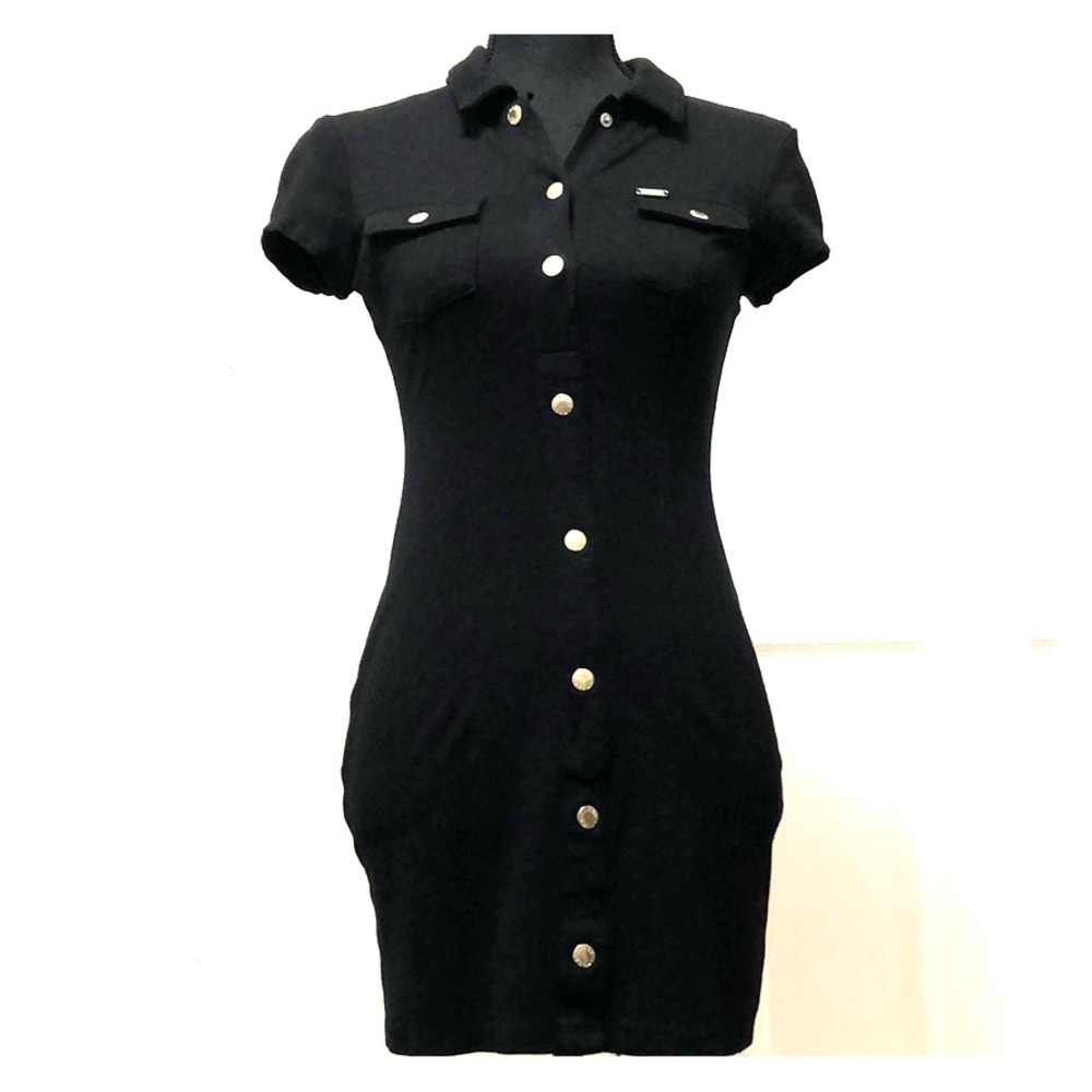 Gold Button Black Dress - Guess